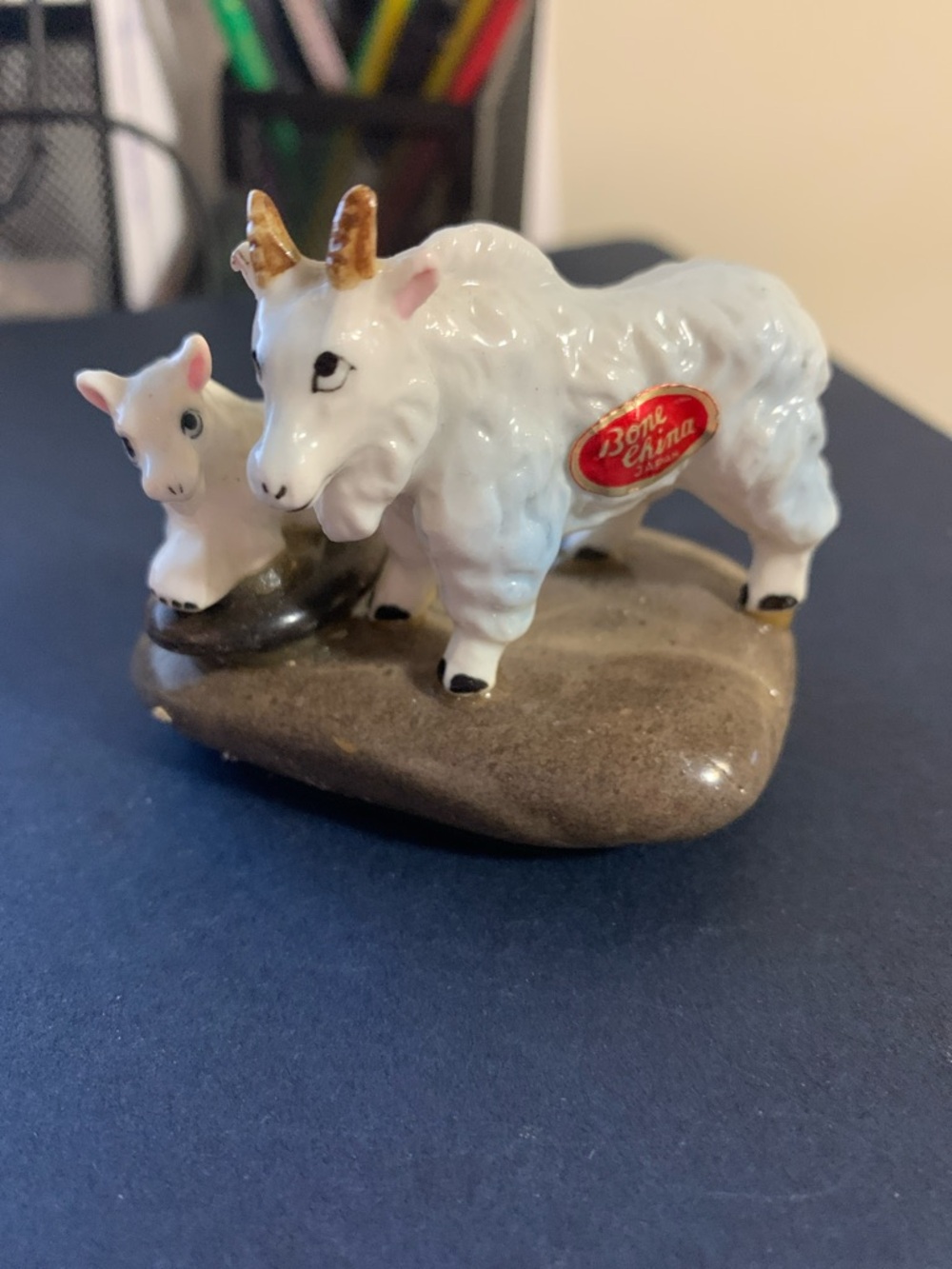 Brighton White Ceramic Goat Figurine with Gold Horns and Red Accent